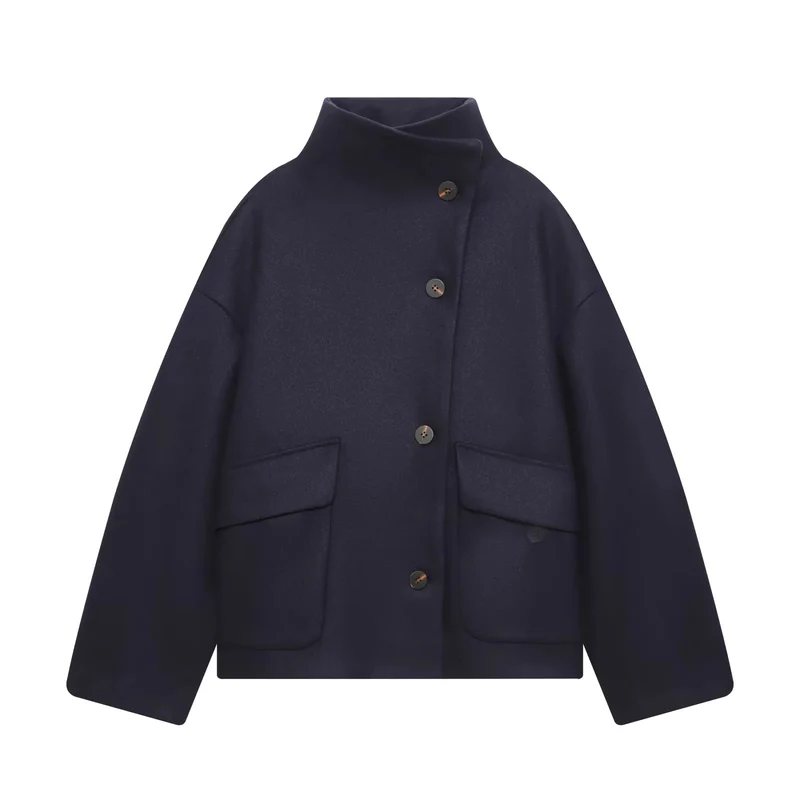 Damen nan kastige Oversize Wollmixjacke mit hohem Stehkragen und großen aufgesetzten Pattentaschen Drune