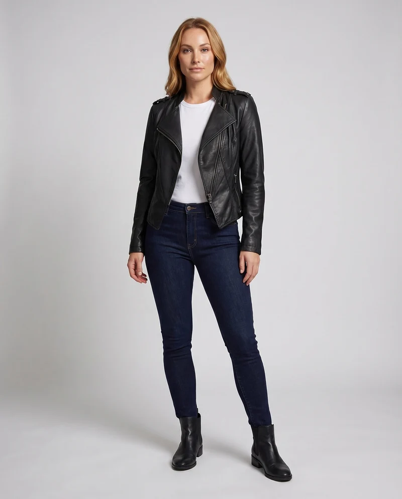 Damen Bikerjacke Kunstleder Cropped Asymmetrisch