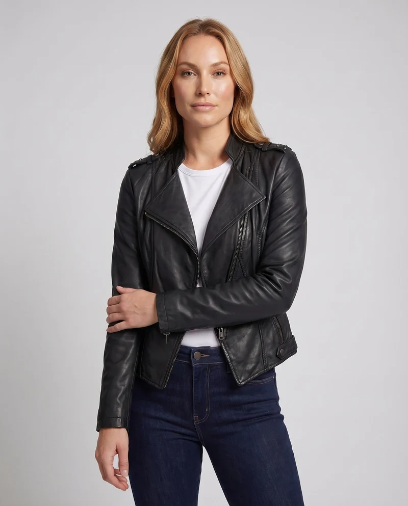 Damen Bikerjacke Kunstleder Cropped Asymmetrisch