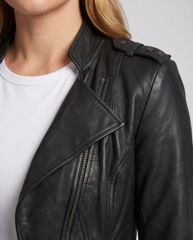 Damen Bikerjacke Kunstleder Cropped Asymmetrisch
