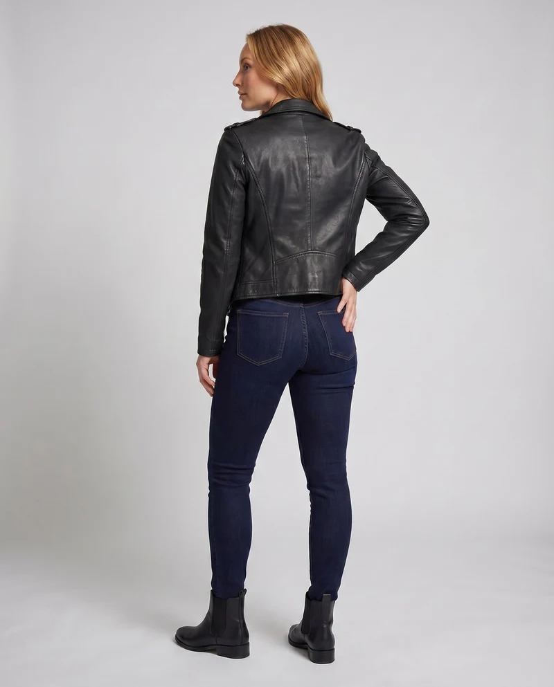 Damen Bikerjacke Kunstleder Cropped Asymmetrisch