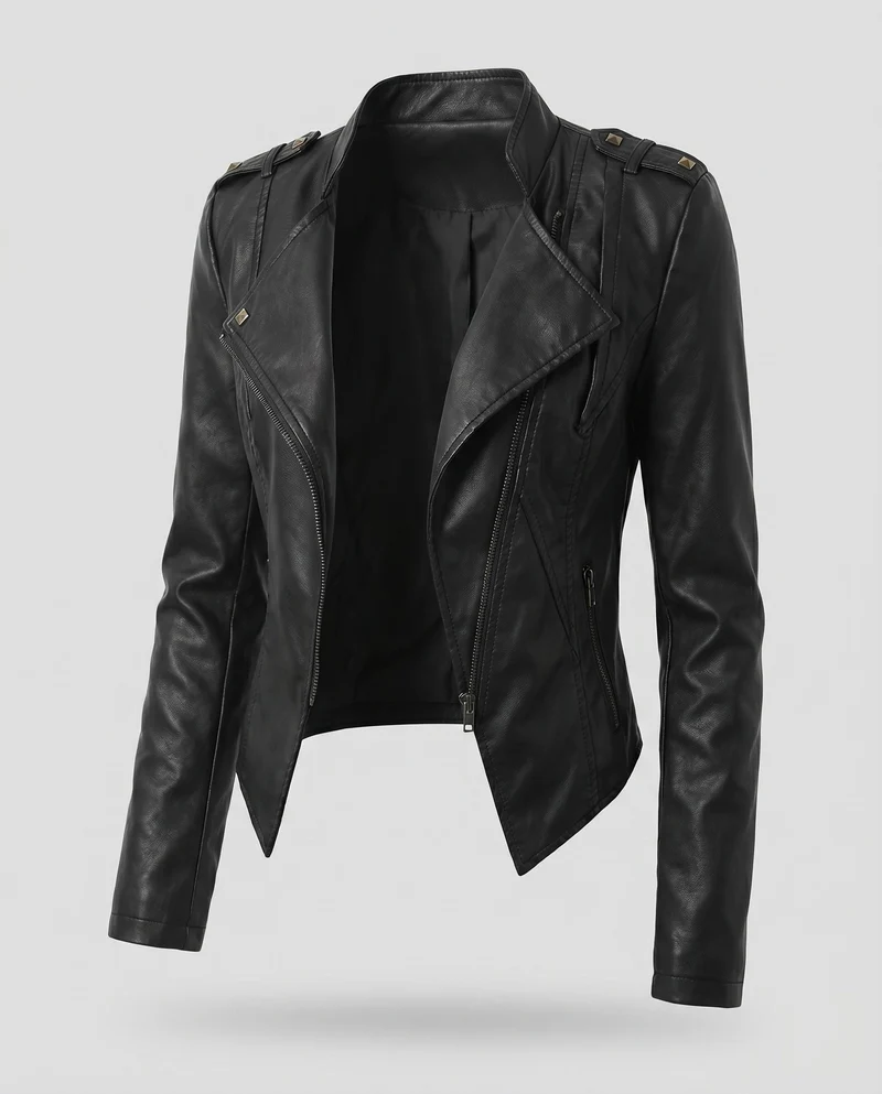 Damen Bikerjacke Kunstleder Cropped Asymmetrisch