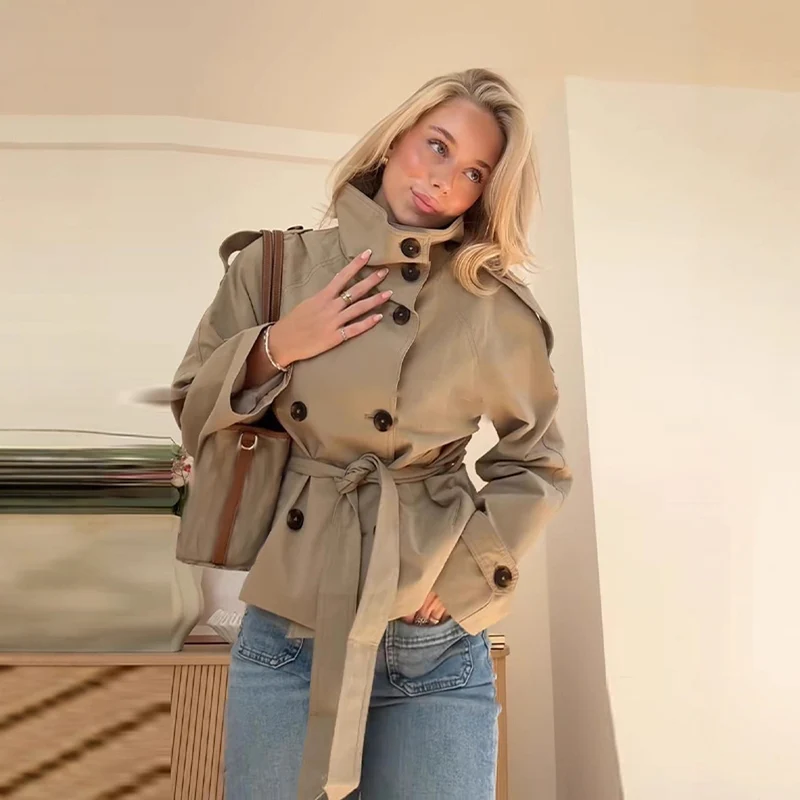 Damen modische Trenchjacke mit Taillengürtel und Stehkragen Drune
