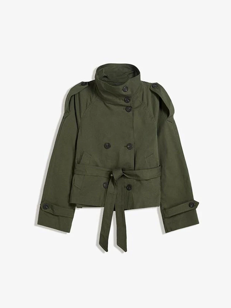 Damen modische Trenchjacke mit Taillengürtel und Stehkragen Drune