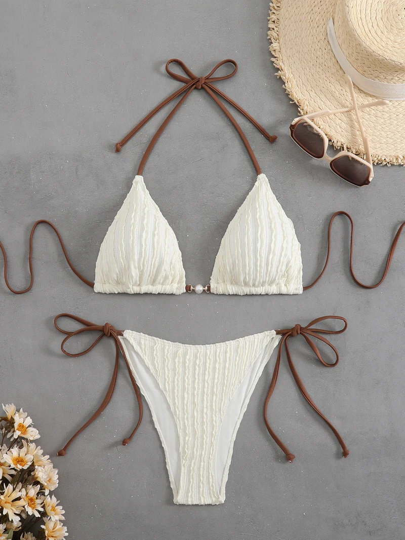 Damen Triangel-Bikini mit feiner Rippstruktur und eleganten Bindebändern Drune