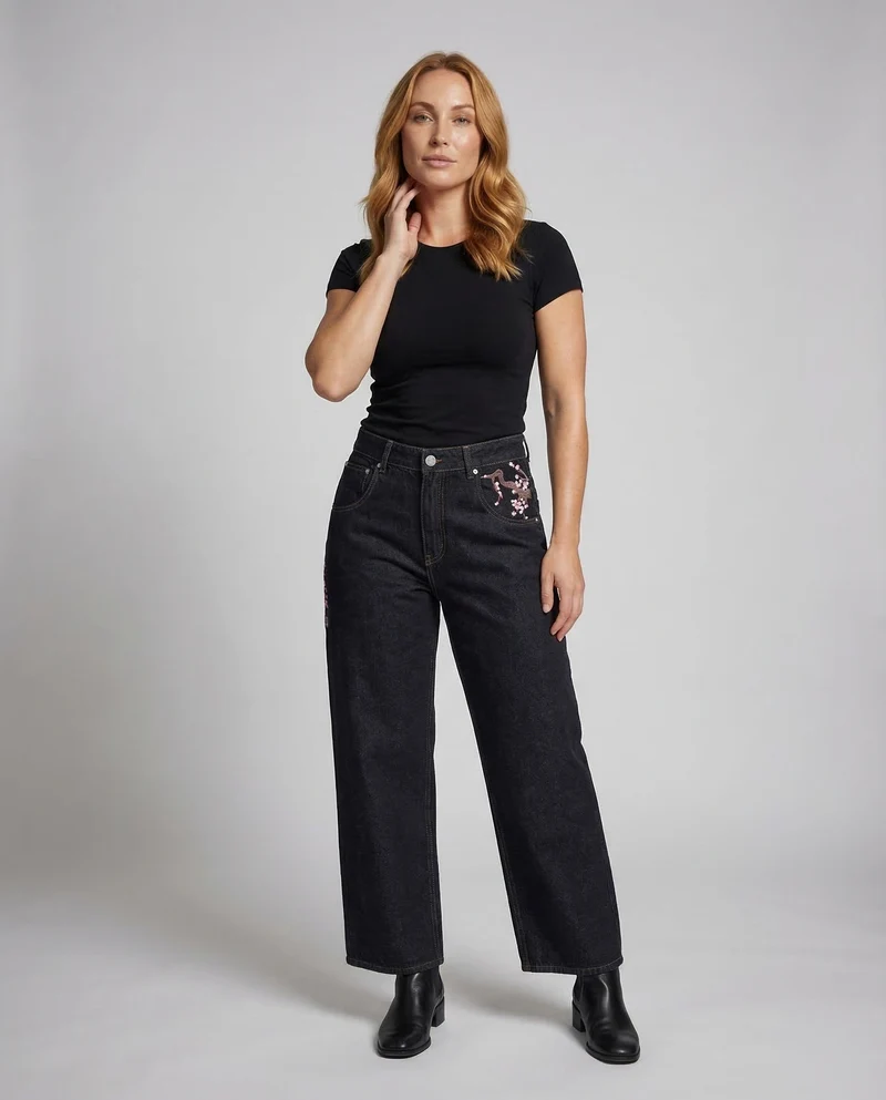 Damen Jeans Bestickt High Waist