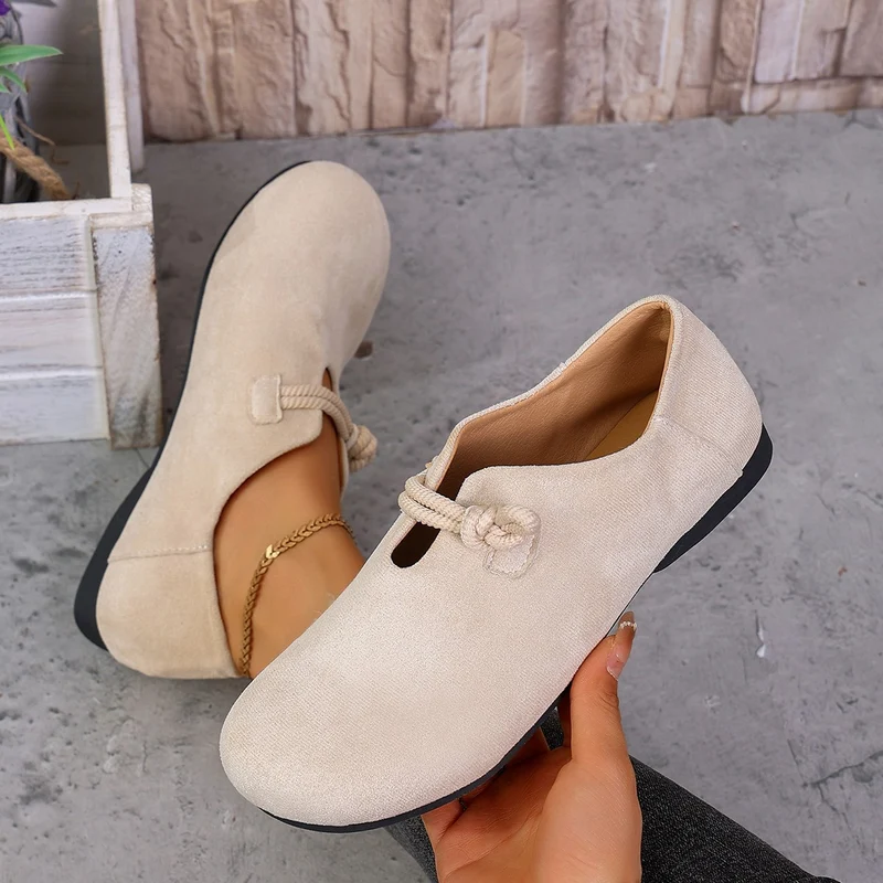 Damen legere Ballerina Halbschuhe aus Veloursoptik mit dekorativer Knotenlasche und flexibler rutschfester Sohle Drune