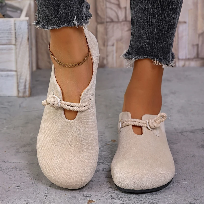Damen legere Ballerina Halbschuhe aus Veloursoptik mit dekorativer Knotenlasche und flexibler rutschfester Sohle Drune