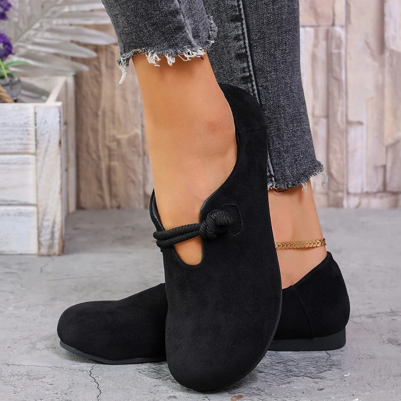 Damen legere Ballerina Halbschuhe aus Veloursoptik mit dekorativer Knotenlasche und flexibler rutschfester Sohle Drune