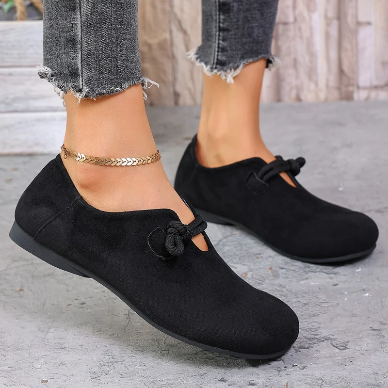 Damen legere Ballerina Halbschuhe aus Veloursoptik mit dekorativer Knotenlasche und flexibler rutschfester Sohle Drune