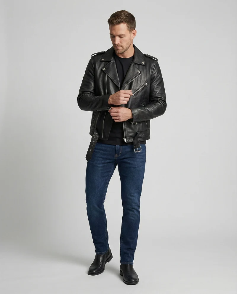 Herren Biker-Lederjacke mit Taschen