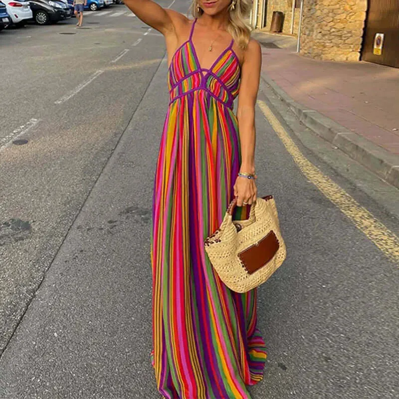 Drune | Vibrant Gestreiftes Maxikleid mit Taillenbetonung