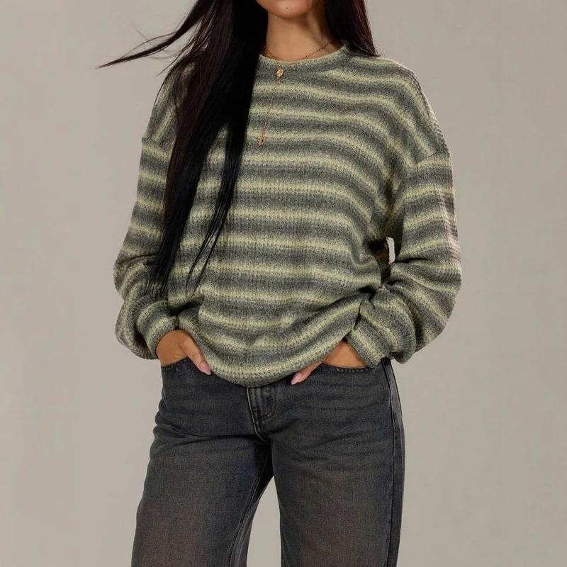 Damen kuscheliger Strickpullover mit modischem Streifenmuster Drune