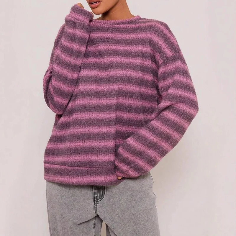 Damen kuscheliger Strickpullover mit modischem Streifenmuster Drune
