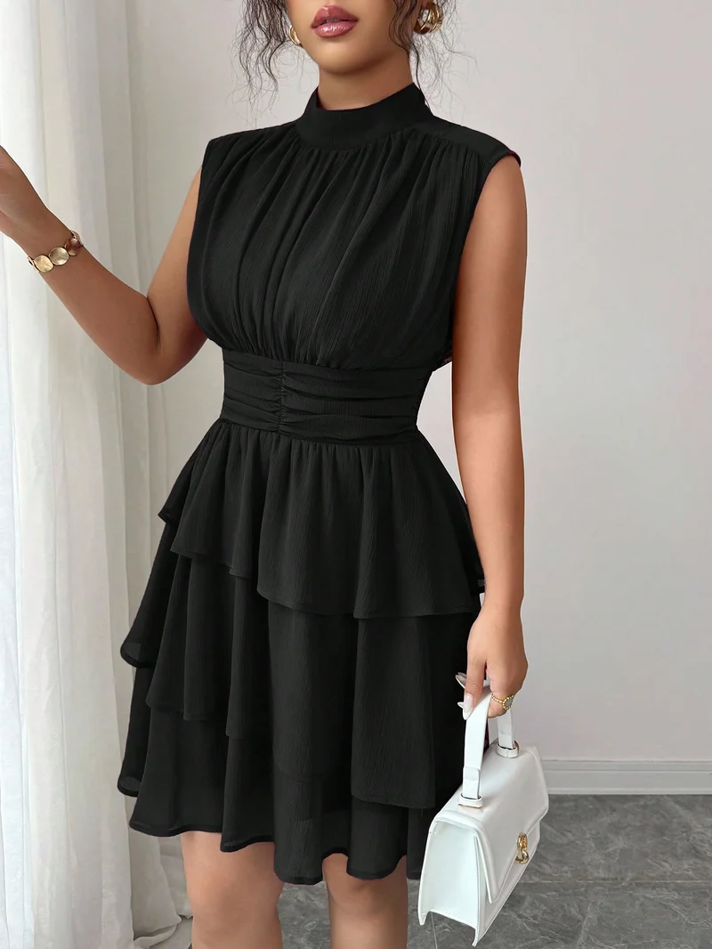 Damen Ärmelloses Chiffon-Stufenkleid mit Stehkragen und taillierter Raffung Drune