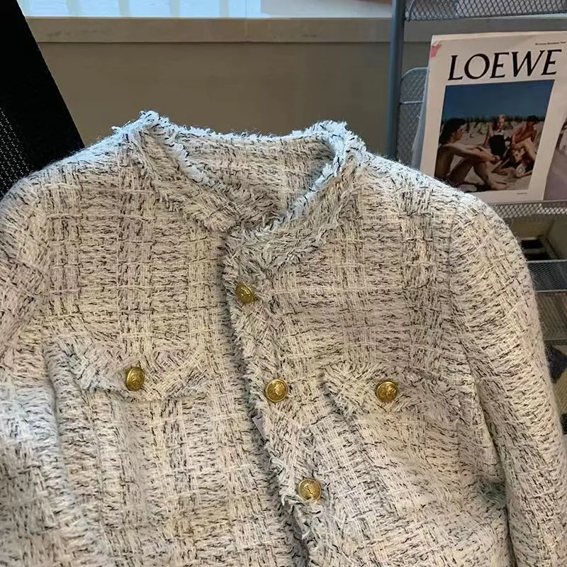 Damen elegante Tweedjacke mit Goldknöpfen Drune