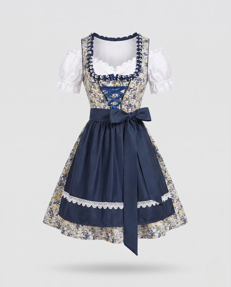 Damen Trachtenkleid mit floralen Applikationen und Rüschendetails Drune