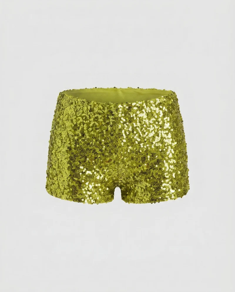 Damen Glamouröses Glitzer-Shorts-Set mit gerafftem Oberteil Drune