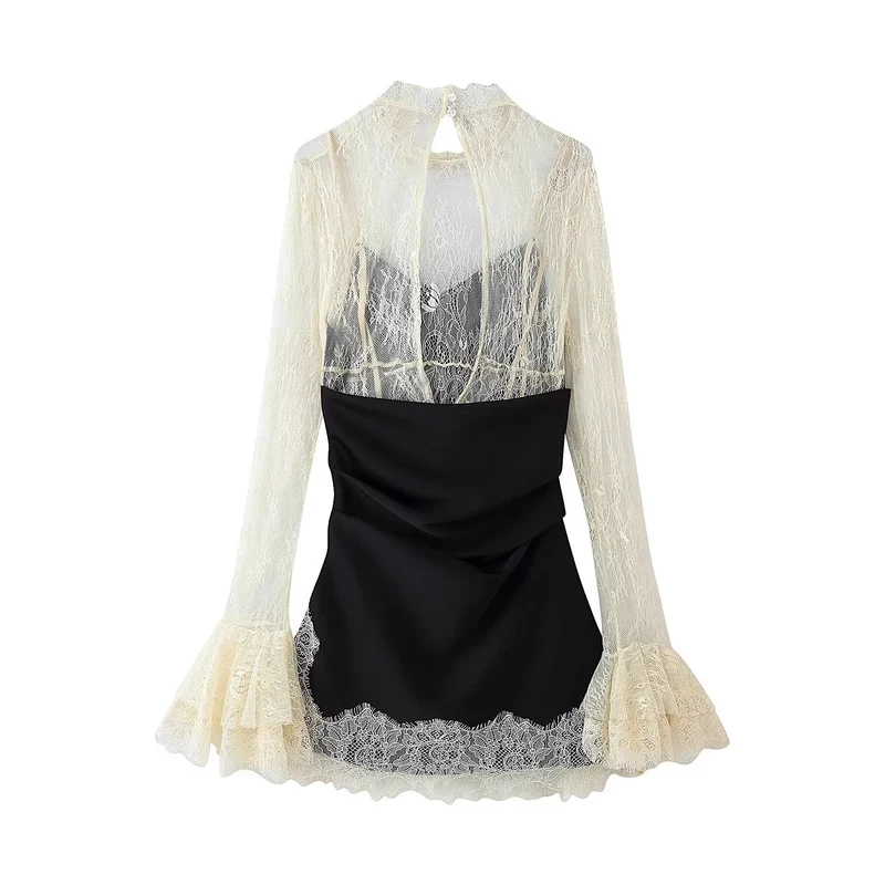 Damen Elegantes Slipkleid mit Spitzen-Overlay, Stehkragen und Volantärmeln Drune