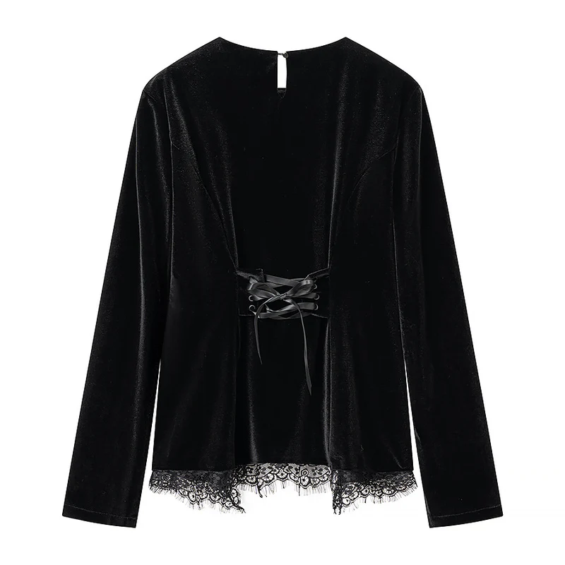 Damen Elegantes Samtoberteil mit Spitzenbesatz und geschwungenem Saum Drune