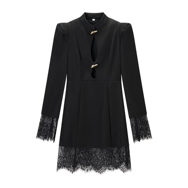 Damen Elegantes Mini-Kleid mit Spitzenbesatz, Stehkragen und dekorativen Schmuckverschlüssen Drune