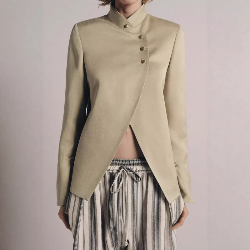 Damen Elegantes Cape-Kurzmantel mit Stehkragen, asymmetrischem Überschlag und Ärmelklappen Drune