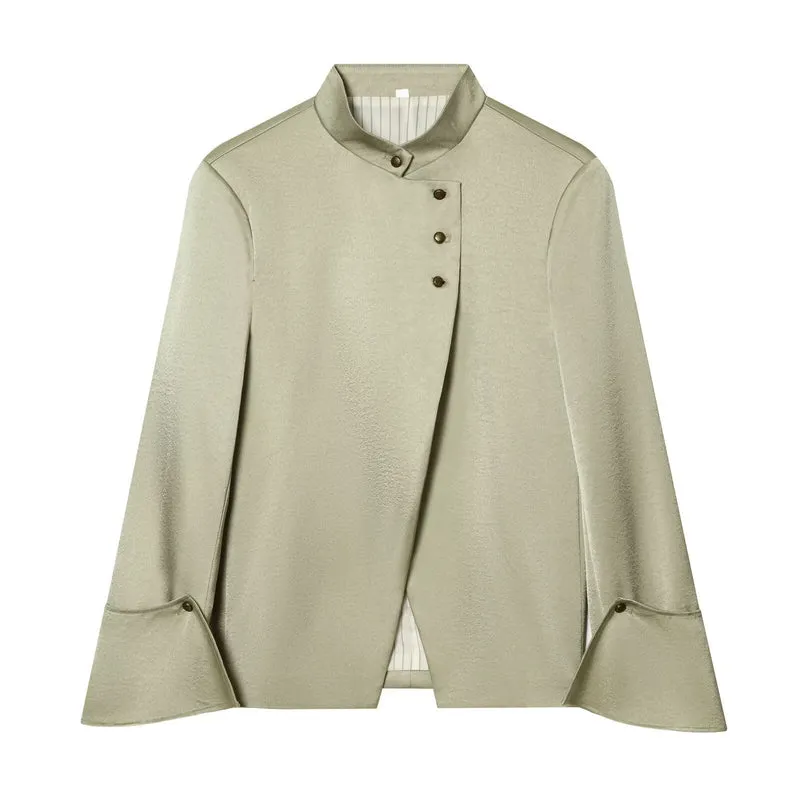 Damen Elegantes Cape-Kurzmantel mit Stehkragen, asymmetrischem Überschlag und Ärmelklappen Drune