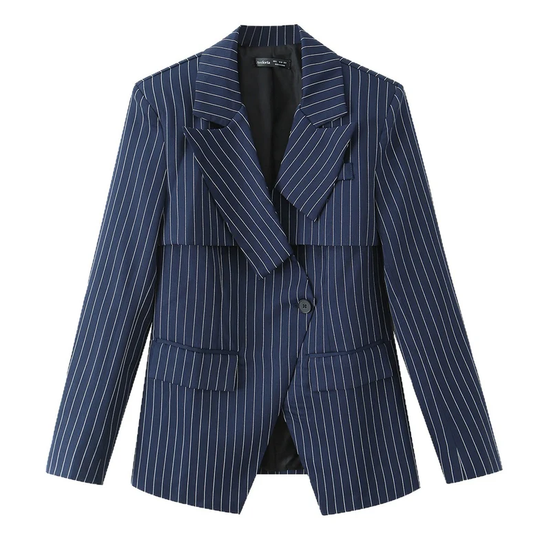 Damen Eleganter Nadelstreifen-Blazer mit asymmetrischem Revers und Pattentaschen Drune