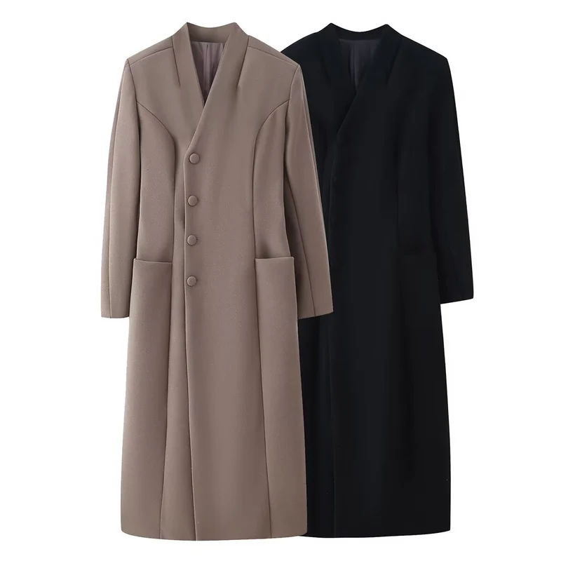 Damen Eleganter langer Wollmix-Mantel mit Schalkragen und aufgesetzten Taschen Drune