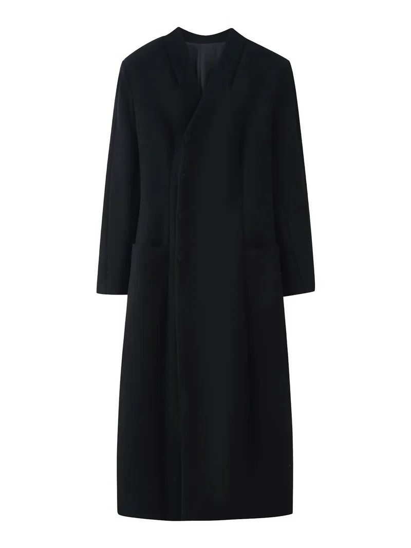 Damen Eleganter langer Wollmix-Mantel mit Schalkragen und aufgesetzten Taschen Drune