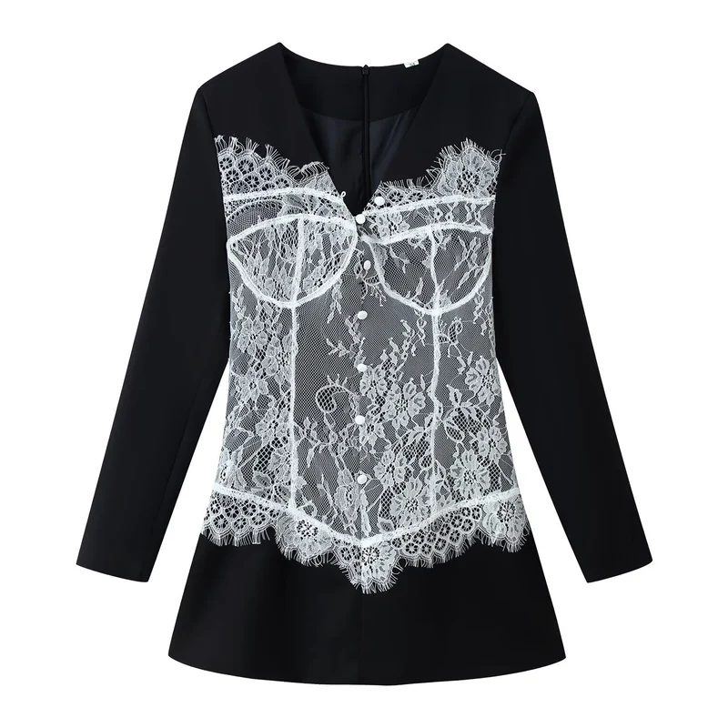 Damen Elegante Bluse mit Spitzen‑Corset‑Applikation und V‑Ausschnitt Drune