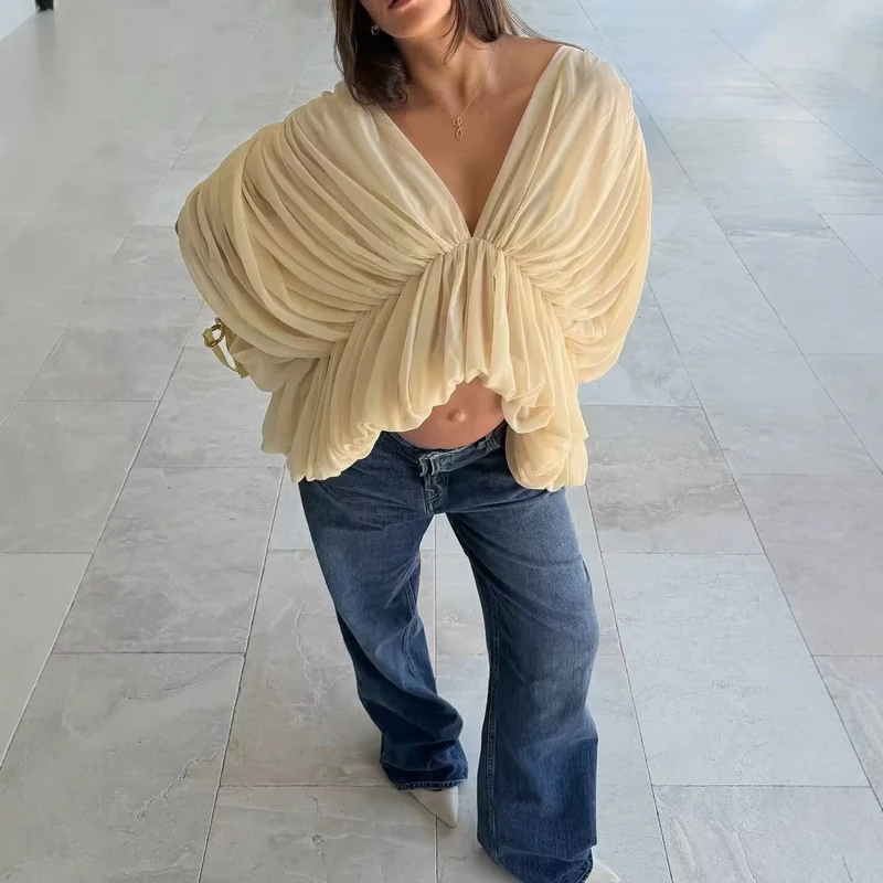Damen Drapiertes Chiffon-Top mit V-Ausschnitt und voluminösen Fledermausärmeln Drune