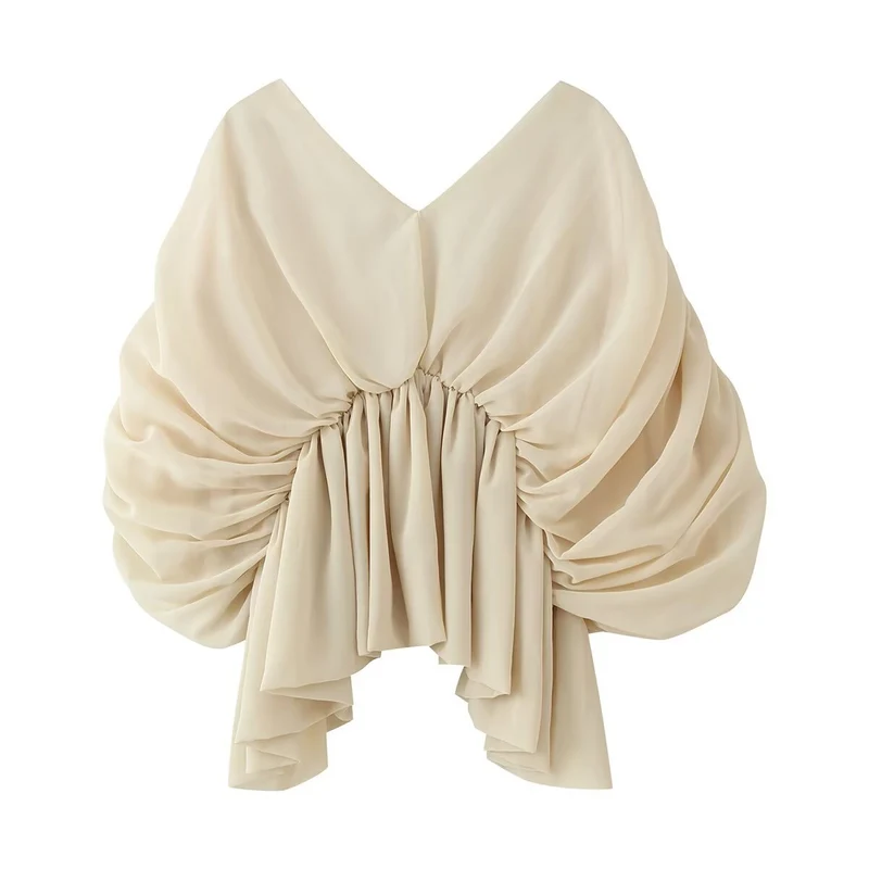 Damen Drapiertes Chiffon-Top mit V-Ausschnitt und voluminösen Fledermausärmeln Drune