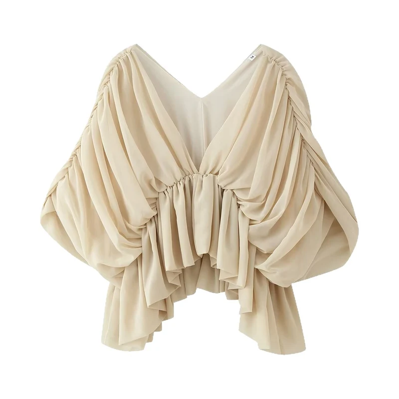 Damen Drapiertes Chiffon-Top mit V-Ausschnitt und voluminösen Fledermausärmeln Drune