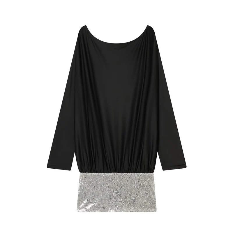 Damen Drapiertes Abendkleid mit weitem U‑Ausschnitt, Fledermausärmeln und Paillettenmini Drune