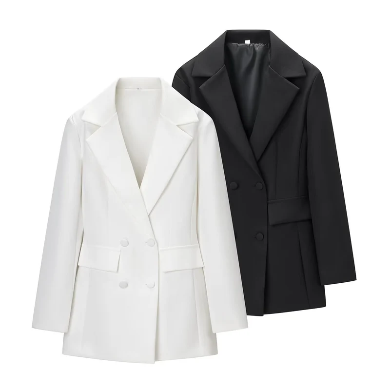 Damen Doppelreihiger Longline-Blazer mit Taillenabnähern und Pattentaschen Drune