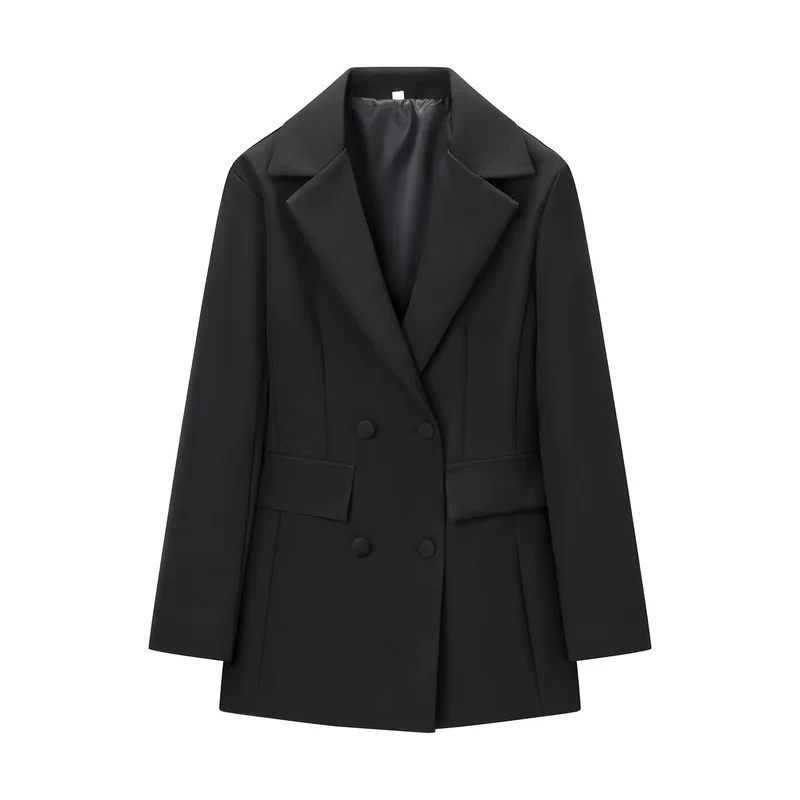 Damen Doppelreihiger Longline-Blazer mit Taillenabnähern und Pattentaschen Drune