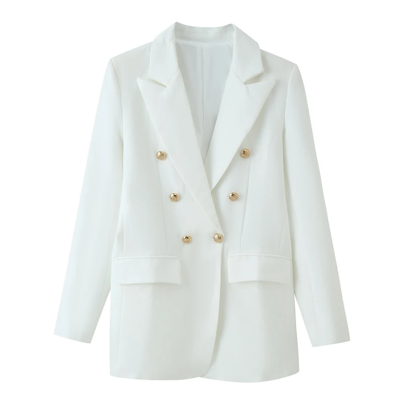 Damen Doppelreihiger Longline-Blazer mit Schalkragen und goldenen Zierknöpfen Drune