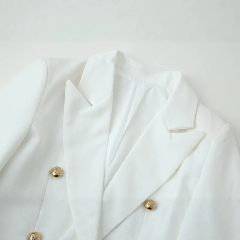 Damen Doppelreihiger Longline-Blazer mit Schalkragen und goldenen Zierknöpfen Drune