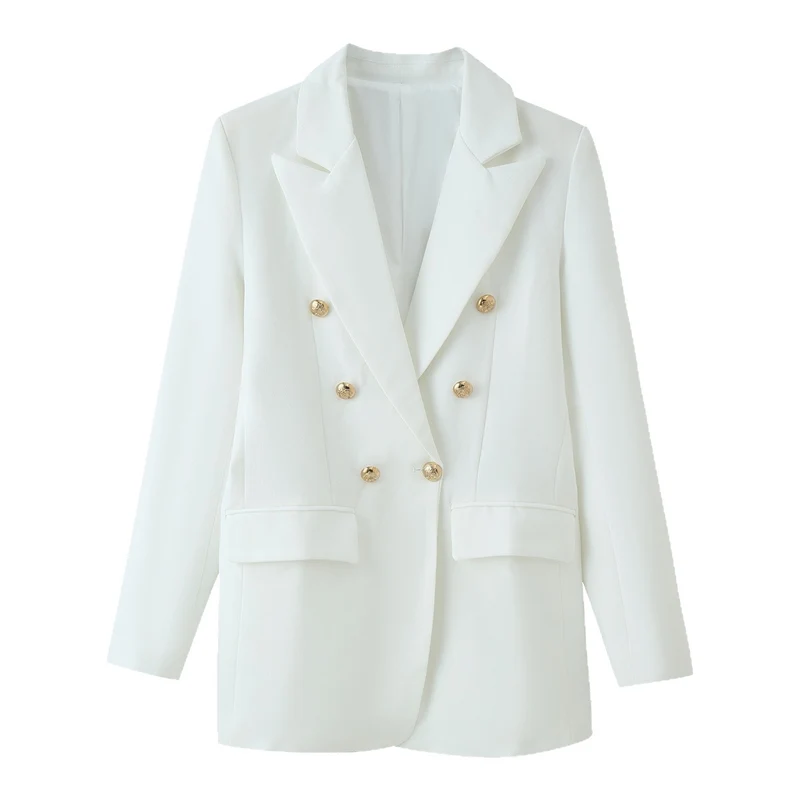 Damen Doppelreihiger Longline-Blazer mit Schalkragen und goldenen Zierknöpfen Drune