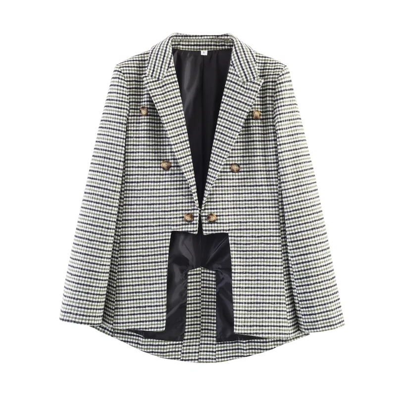 Damen Doppelreihiger Cropped-Blazer im Glencheck mit Rückenschlitz Drune