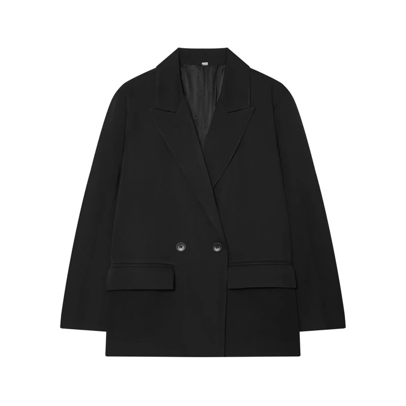 Damen Doppelreihiger Boxy-Blazer aus Webstoff mit fallendem Revers und Pattentaschen Drune