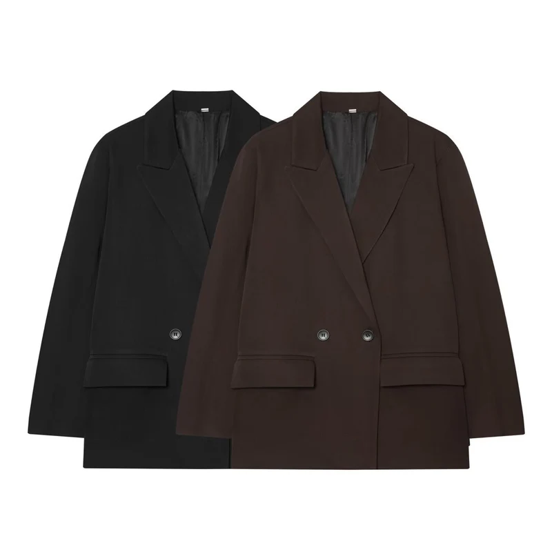 Damen Doppelreihiger Boxy-Blazer aus Webstoff mit fallendem Revers und Pattentaschen Drune