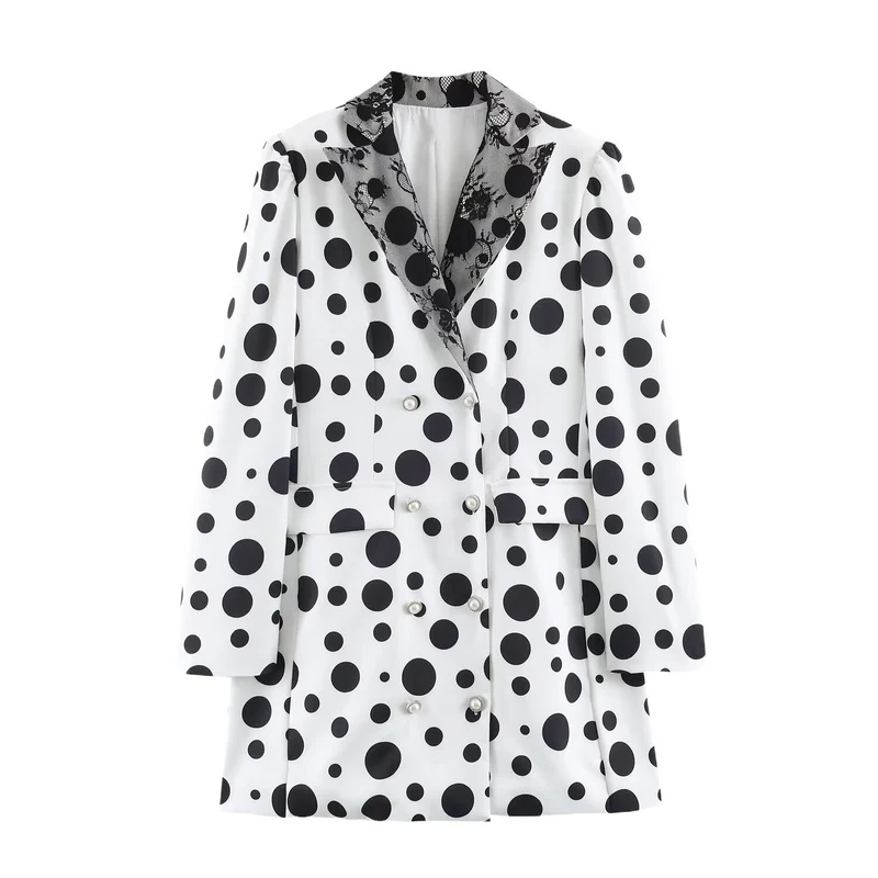 Damen Doppelreihiger Blazer im Polka‑Dot‑Design mit Spitzenbesetztem Revers Drune