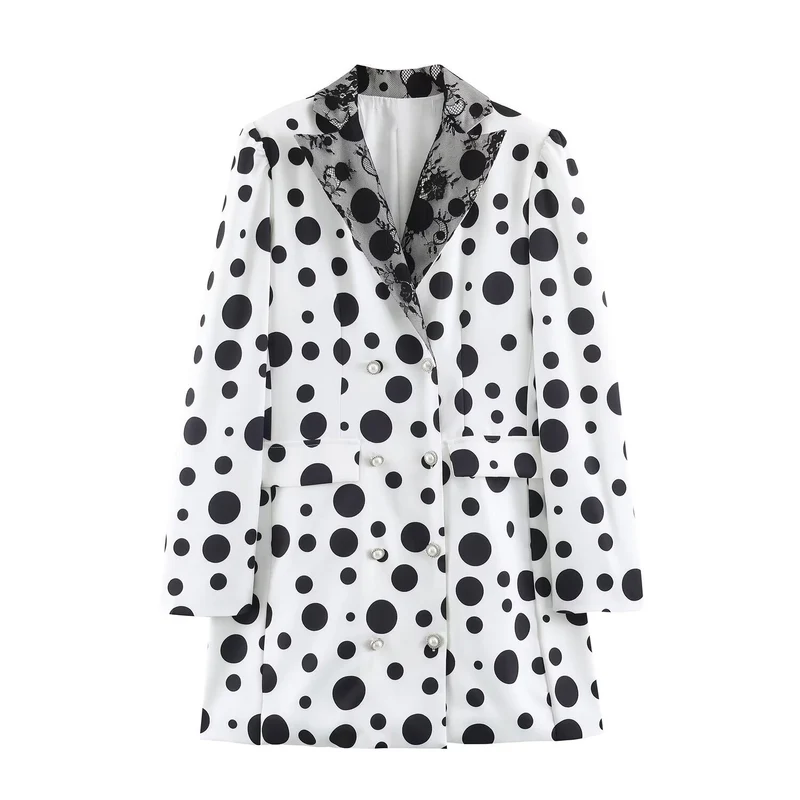 Damen Doppelreihiger Blazer im Polka‑Dot‑Design mit Spitzenbesetztem Revers Drune