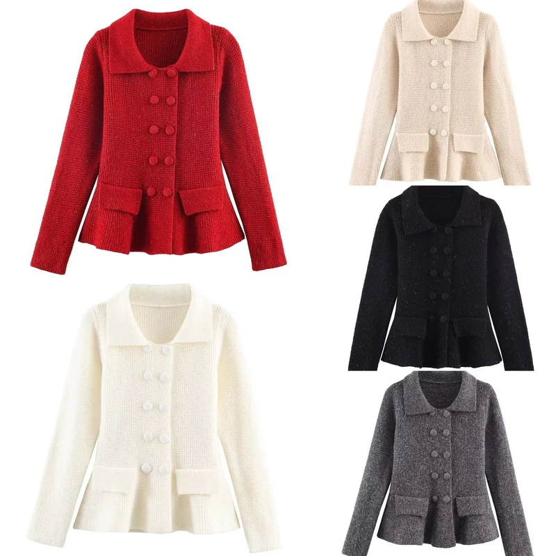 Damen Doppelreihige Bouclé-Jacke mit Schößchen, aufgesetzten Taschen und Hemdkragen Drune