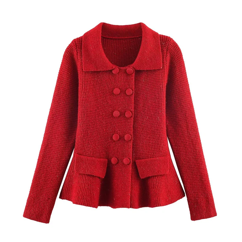 Damen Doppelreihige Bouclé-Jacke mit Schößchen, aufgesetzten Taschen und Hemdkragen Drune