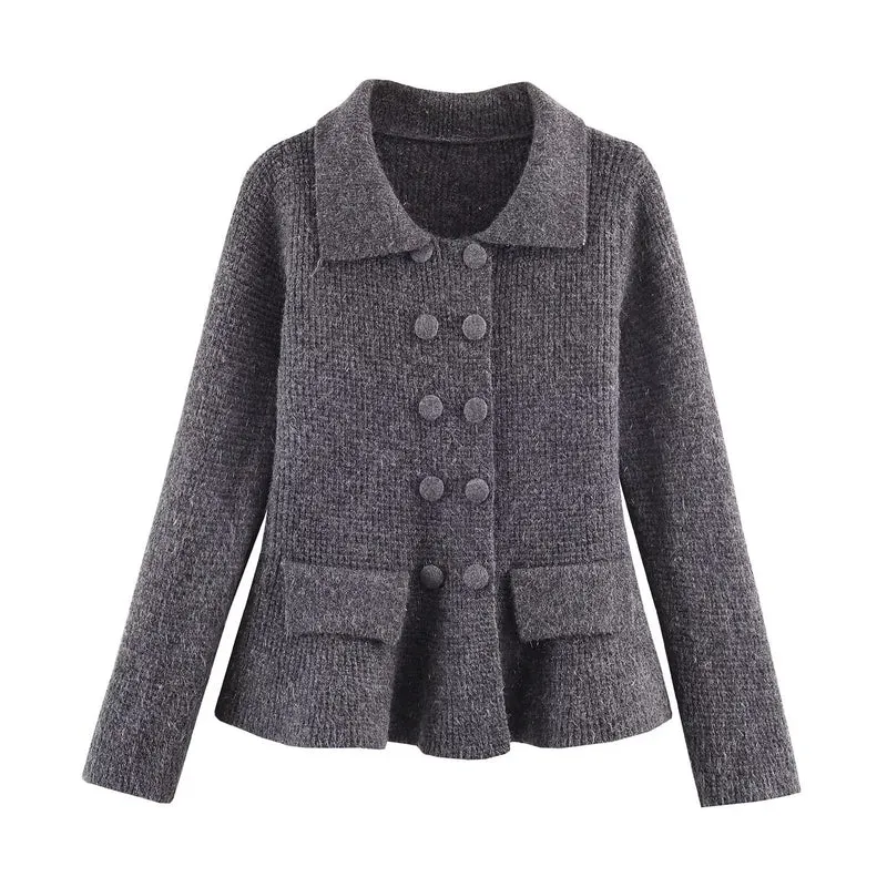 Damen Doppelreihige Bouclé-Jacke mit Schößchen, aufgesetzten Taschen und Hemdkragen Drune