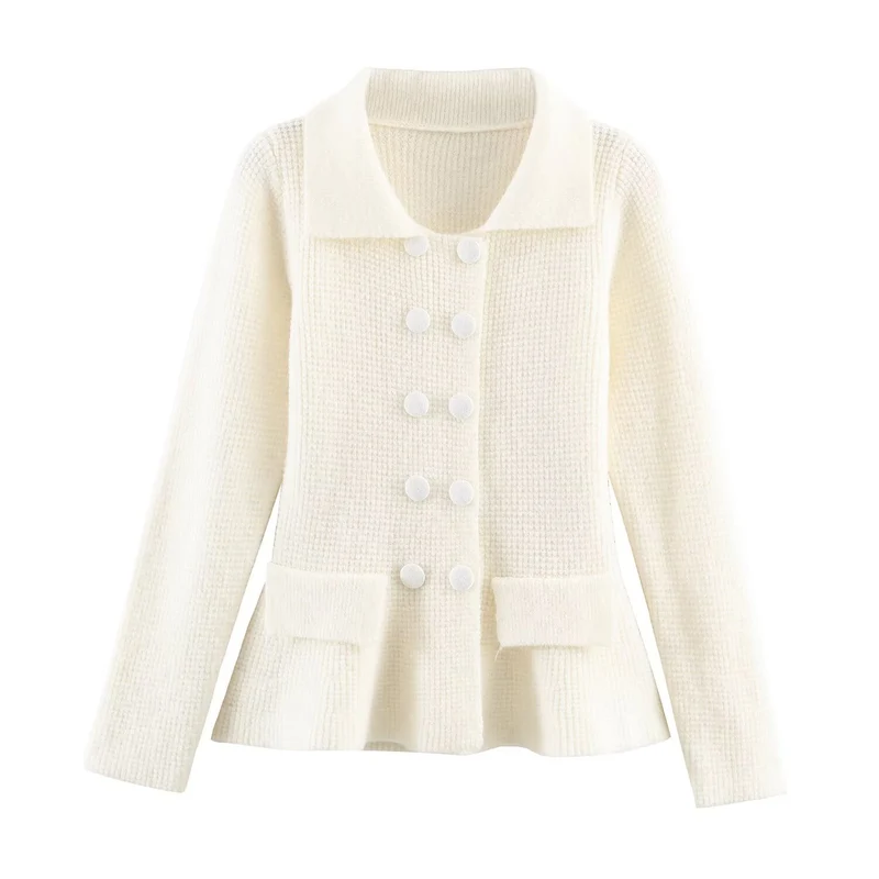 Damen Doppelreihige Bouclé-Jacke mit Schößchen, aufgesetzten Taschen und Hemdkragen Drune