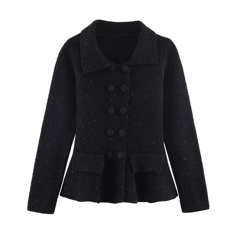 Damen Doppelreihige Bouclé-Jacke mit Schößchen, aufgesetzten Taschen und Hemdkragen Drune